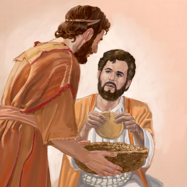 A man holds a basket as Jesus breaks the loaves