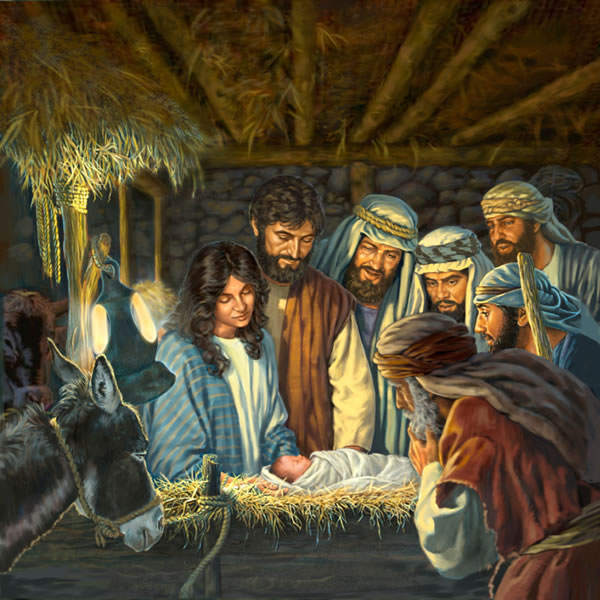 Mary, Joseph, and the shepherds look at baby Jesus lying in the manger