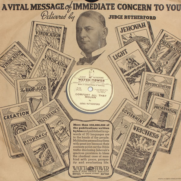 Cover of a phonograph record of a Bible discourse by J. F. Rutherford
