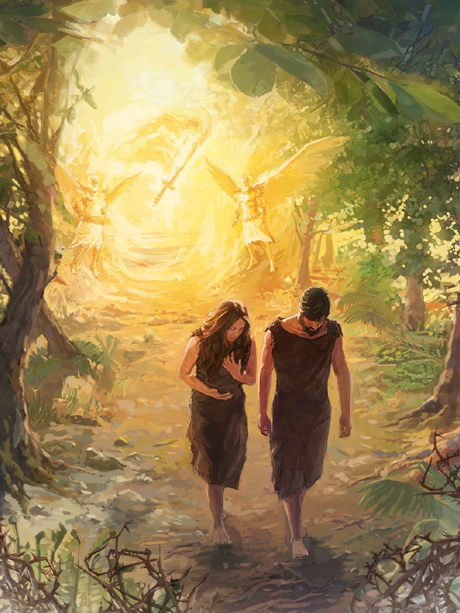 As Adam and Eve leave the garden of Eden, angels and a sword of fire guard the entrance