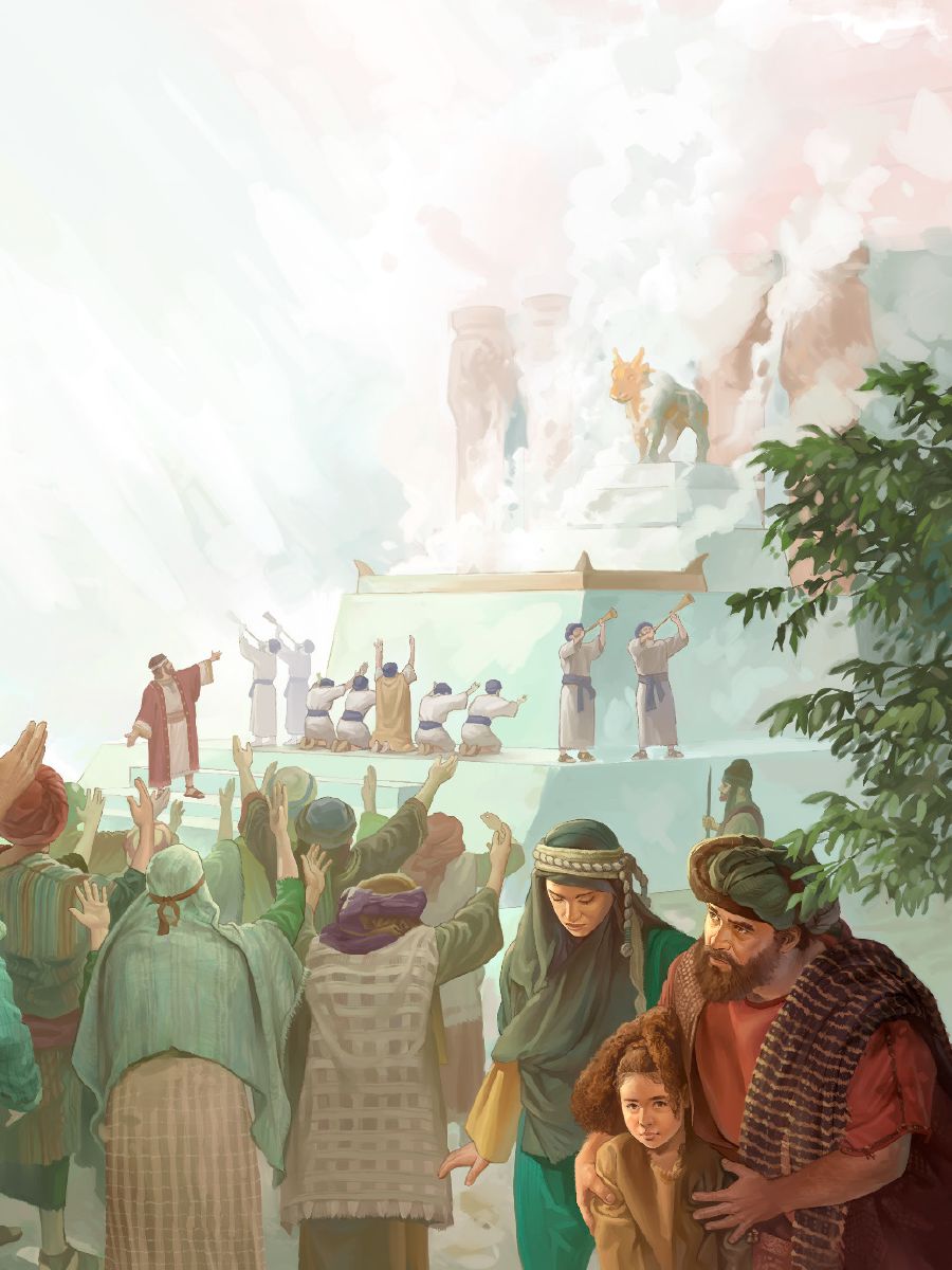 Many Israelites offer sacrifices to a golden calf set up by Jeroboam