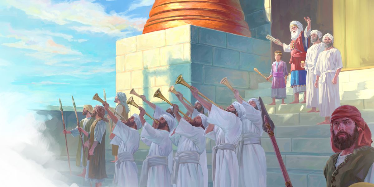 High Priest Jehoiada presents young King Jehoash to the people