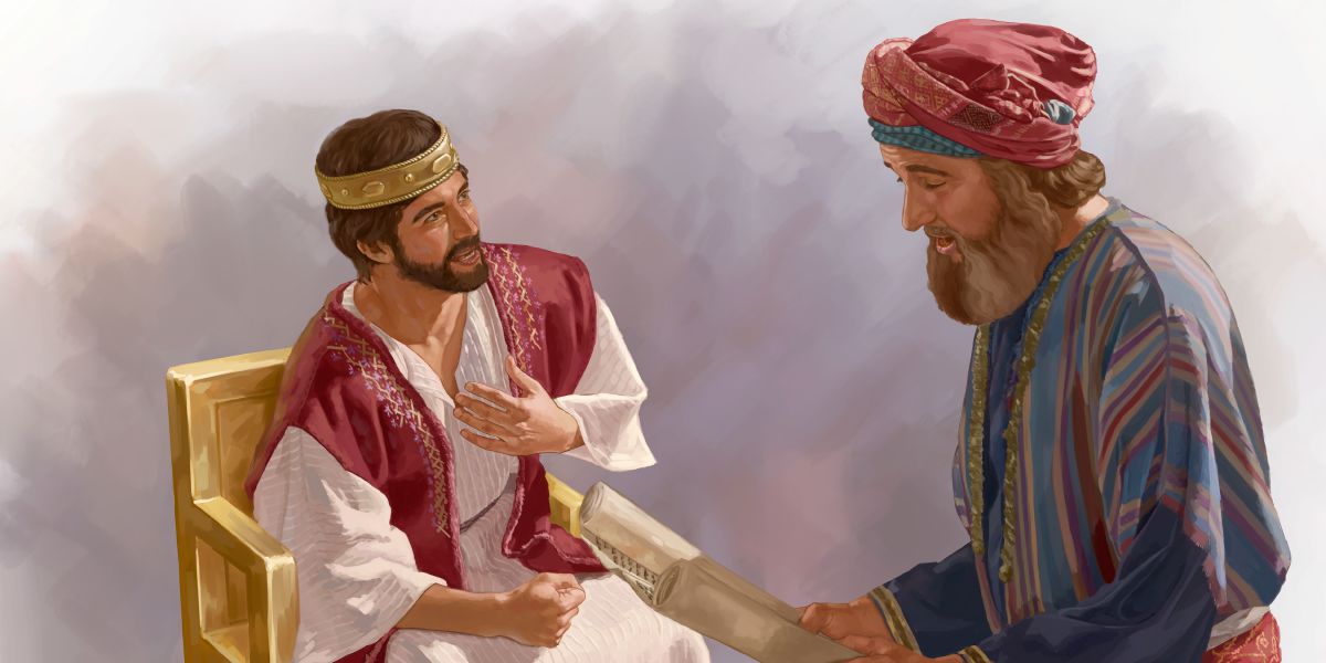 Shaphan reads a scroll to King Josiah
