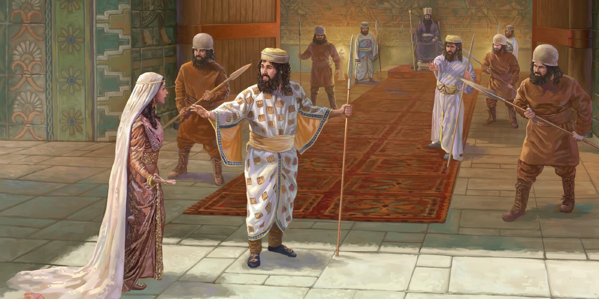 Queen Esther enters the heavily guarded courtyard of King Ahasuerus