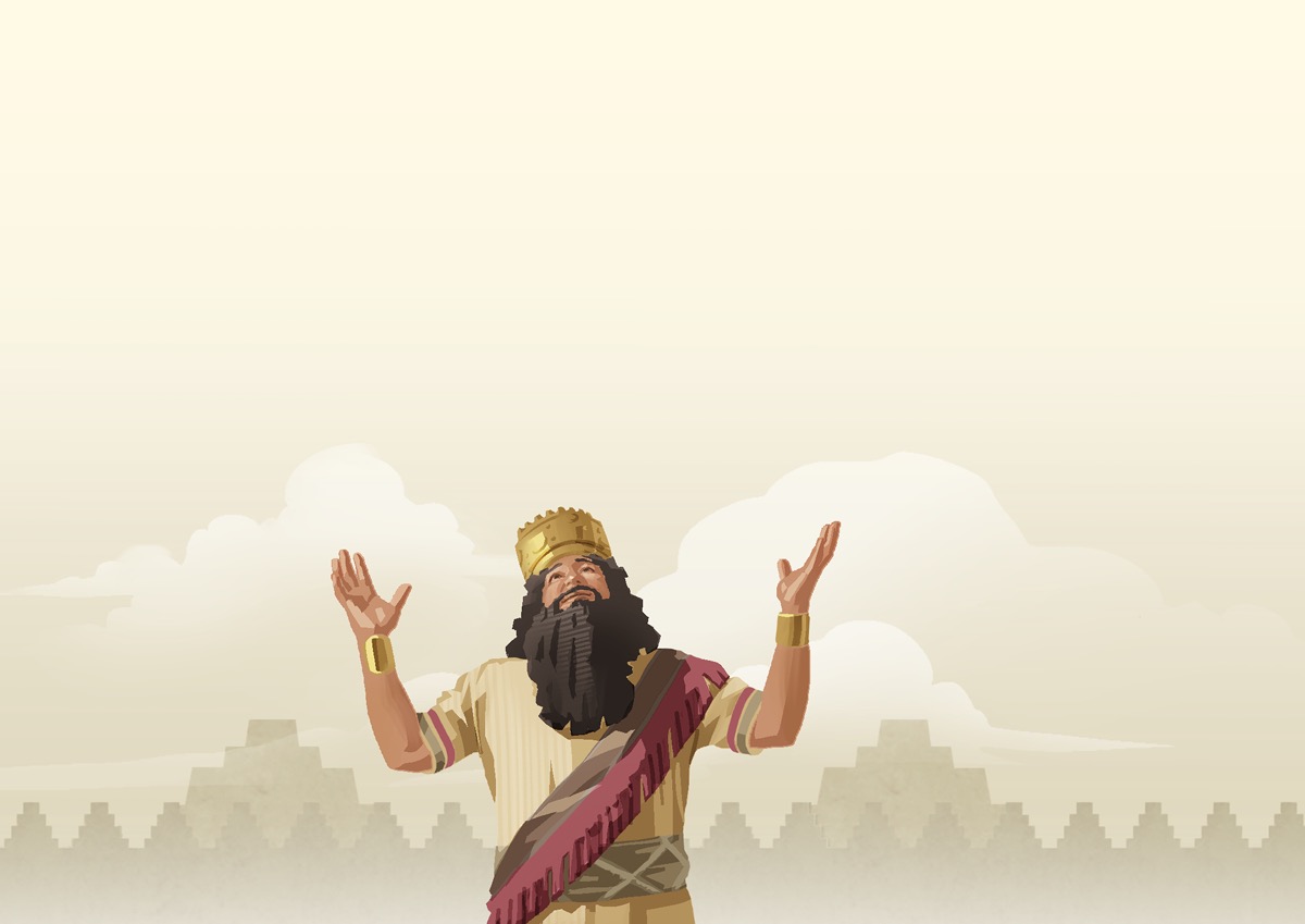 King Nebuchadnezzar looking to the heavens with arms upraised.