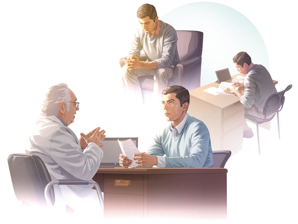 Collage: A man making a medical decision. 1. He prays. 2. He does research using the Bible, Bible-based publications, and an electronic tablet. 3. He talks with his doctor.