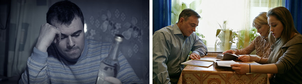 Collage: Scenes from the video ‘I Got Fed Up With My Lifestyle.’ 1. Dmitry looks at a bottle of alcohol. 2. Dmitry, his wife, and their daughter study the Bible together.