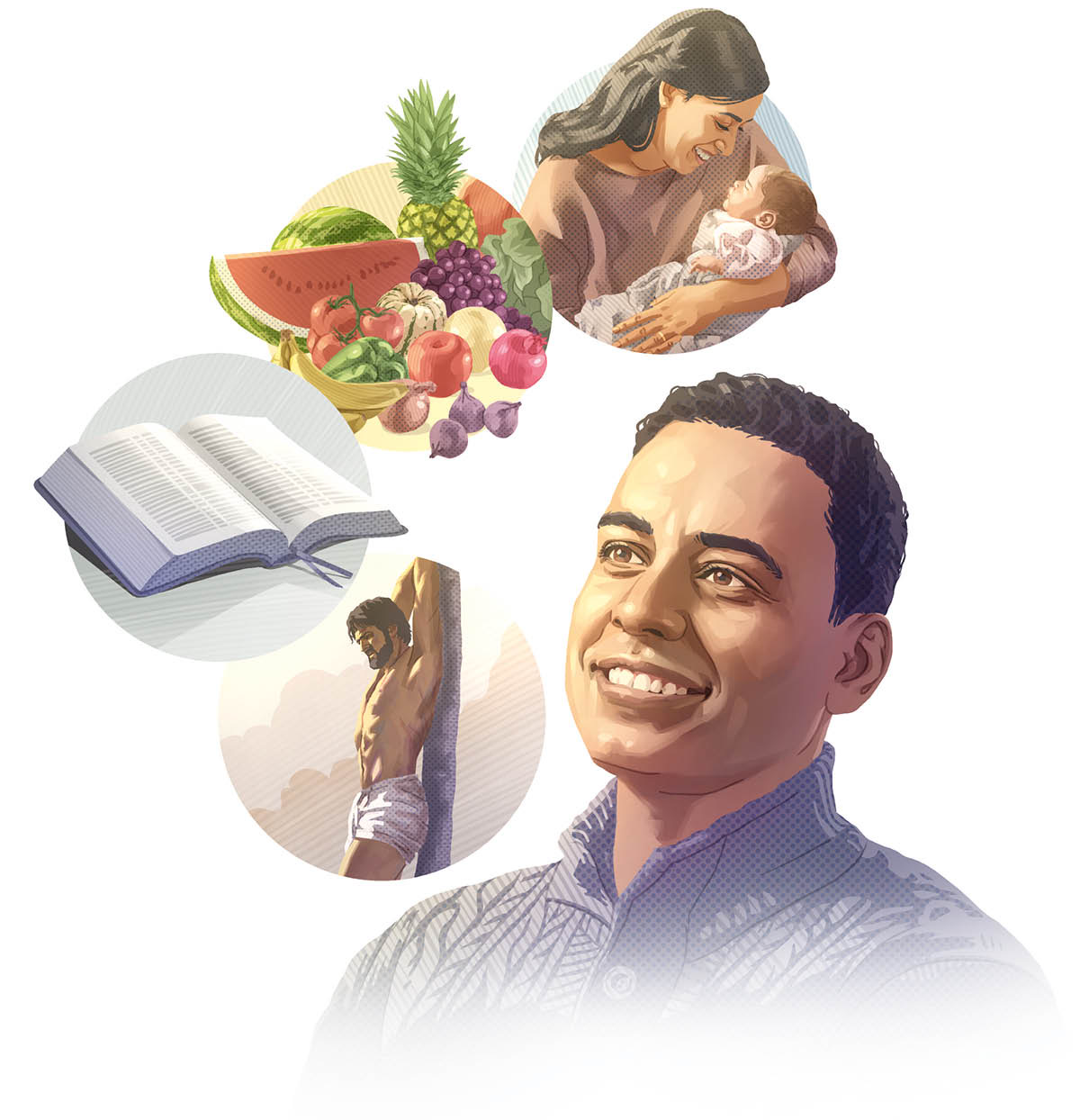 Collage: A man thinking about what God has given him. 1. Love, illustrated by a mother’s love for her baby. 2. Enjoyable food, illustrated by a variety of fruits and vegetables. 3. The Bible. 4. Jesus Christ’s ransom sacrifice.