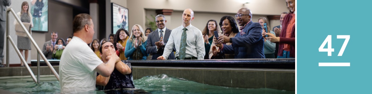 Lesson 47. A Bible student contemplates baptism as he watches another man get baptized at an assembly.