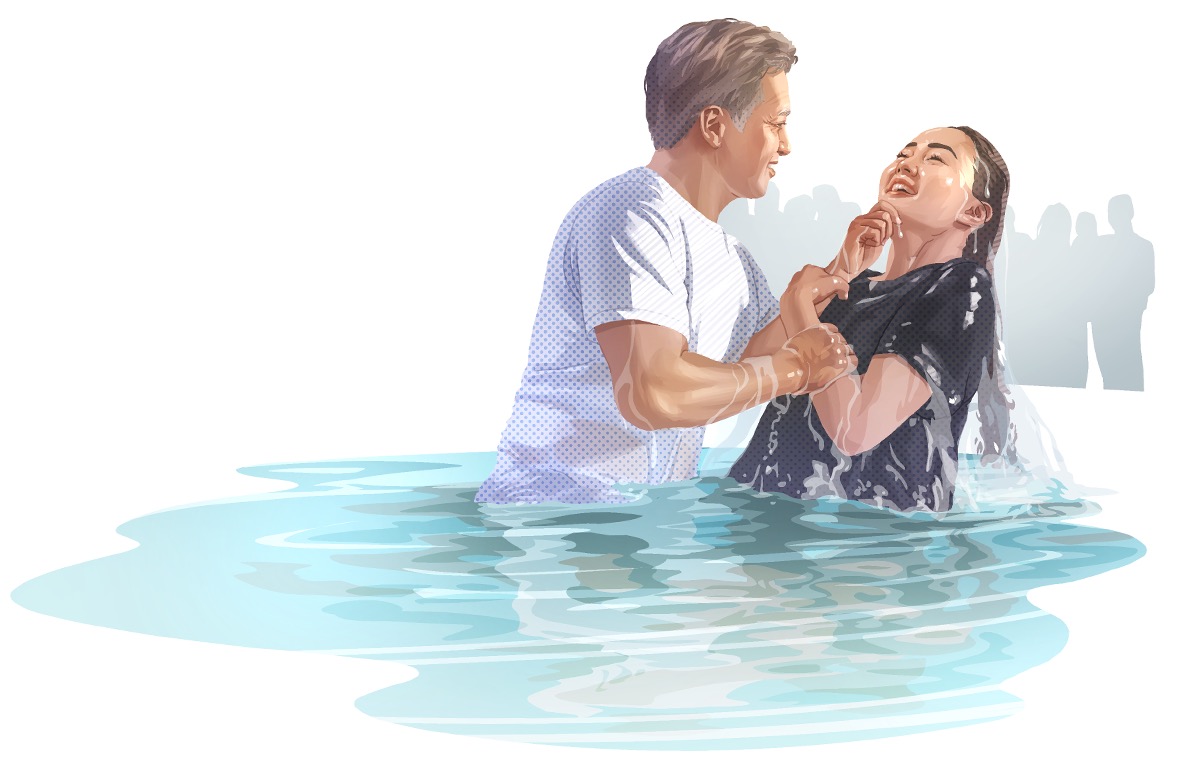 The woman getting baptized.