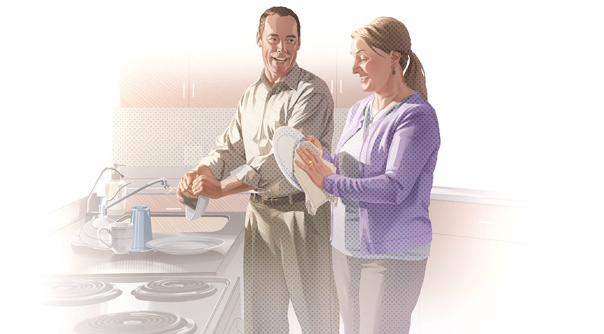 A husband and wife washing and drying dishes together.