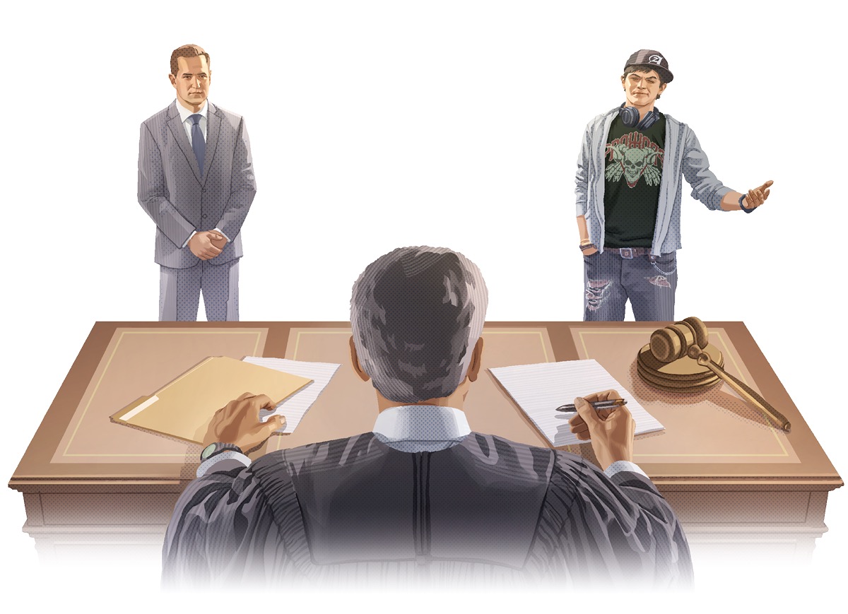 Two men standing before a judge. One man wears a business suit, and the other man wears torn, overly casual clothing and a baseball cap.