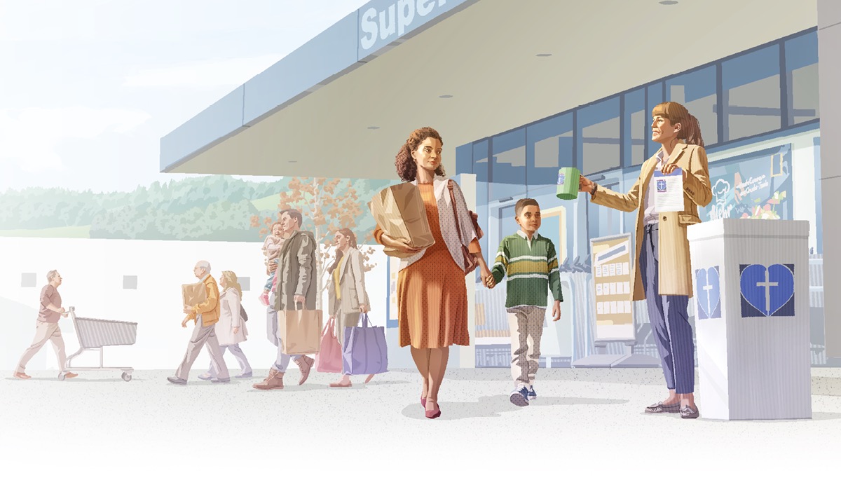 A sister and her young son exiting a supermarket. They walk past a woman who is soliciting donations for a religious charity.