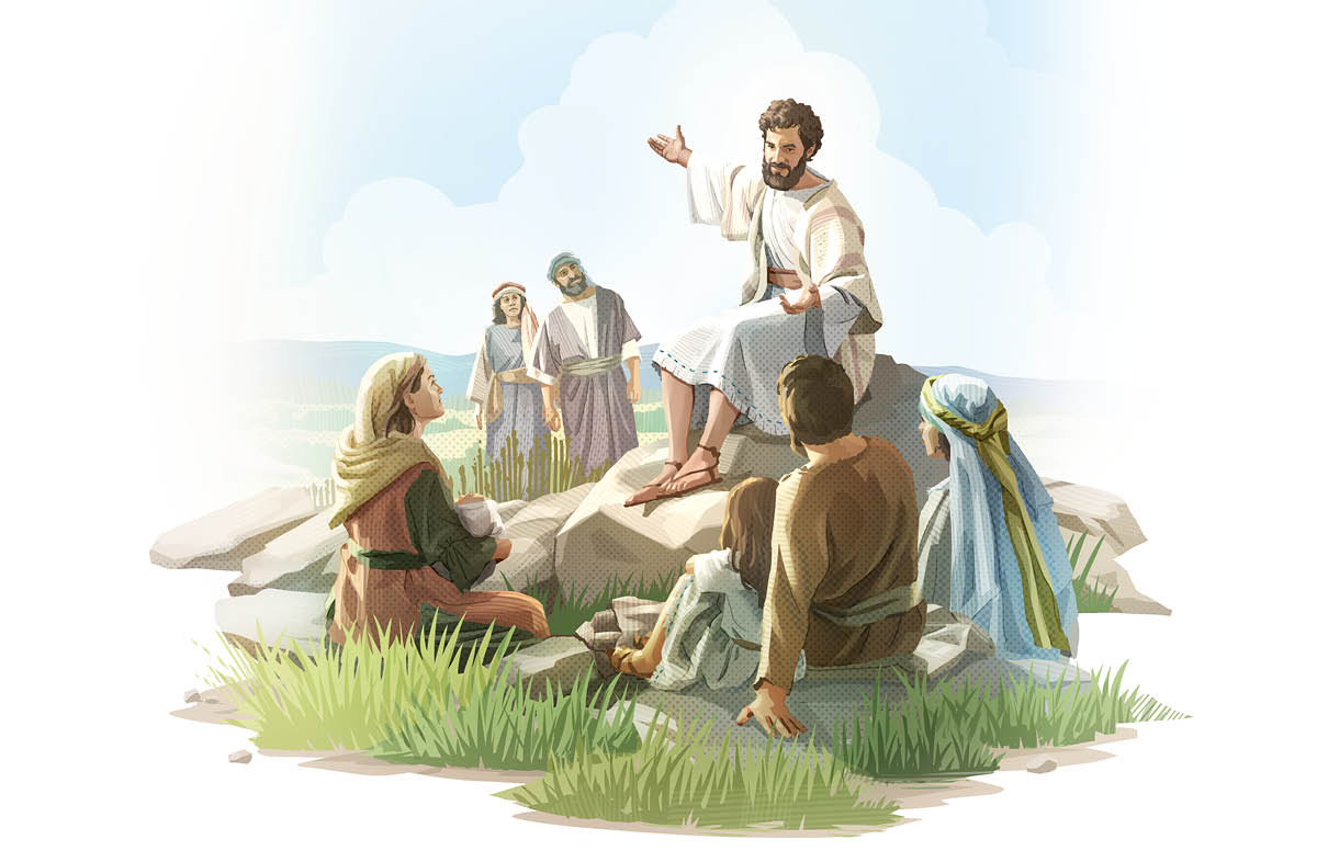 Jesus teaching a group of men, women, and children.