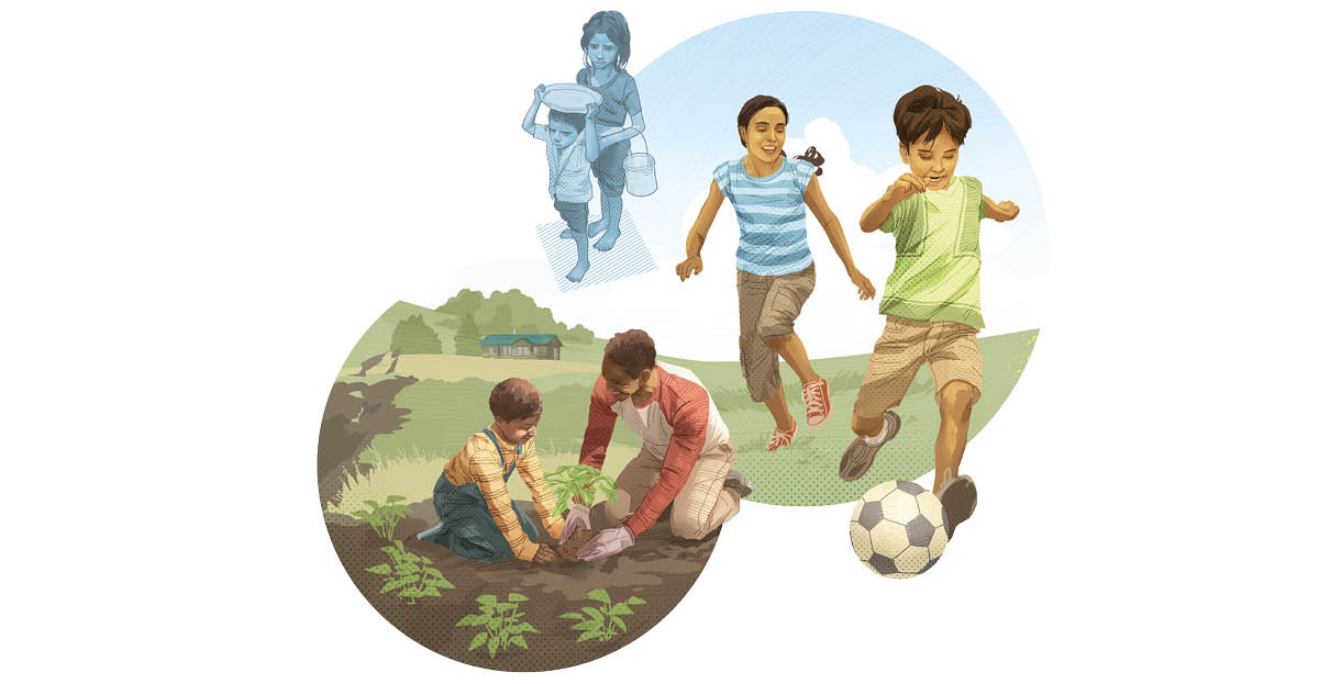 Children who were starving and were victims of forced labor are now planting a garden and playing soccer.
