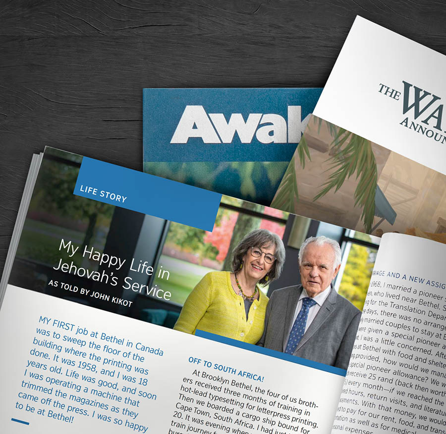 Copies of the “Watchtower” and “Awake!” magazines, including one issue with a life story.