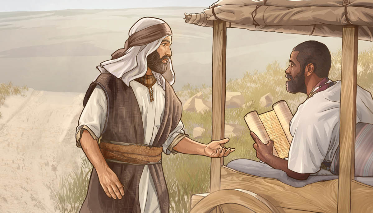 Philip the evangelizer conversing with an Ethiopian man who is reading a scroll while sitting in a chariot.