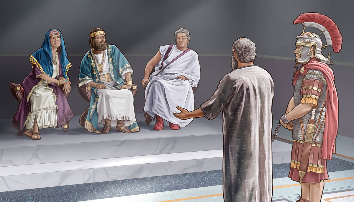 The apostle Paul, chained to a guard, respectfully speaking to King Agrippa, Governor Festus, and Bernice.