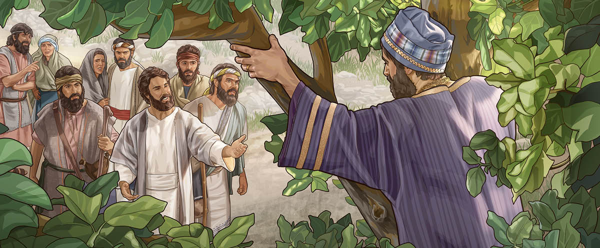 Jesus urging Zacchaeus to come down from a tree, to the surprise of some onlookers.