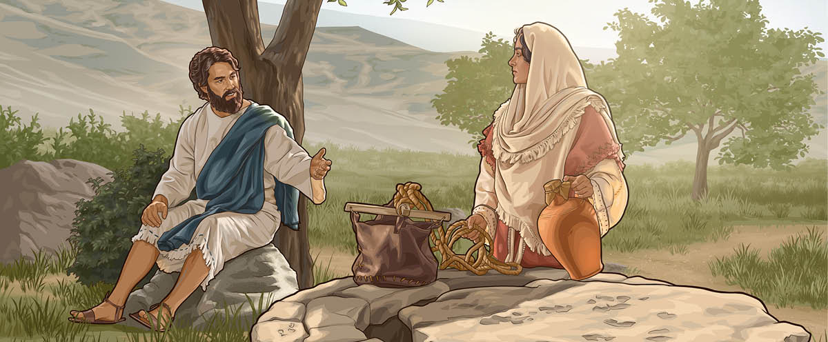 Jesus conversing with a woman at a well.