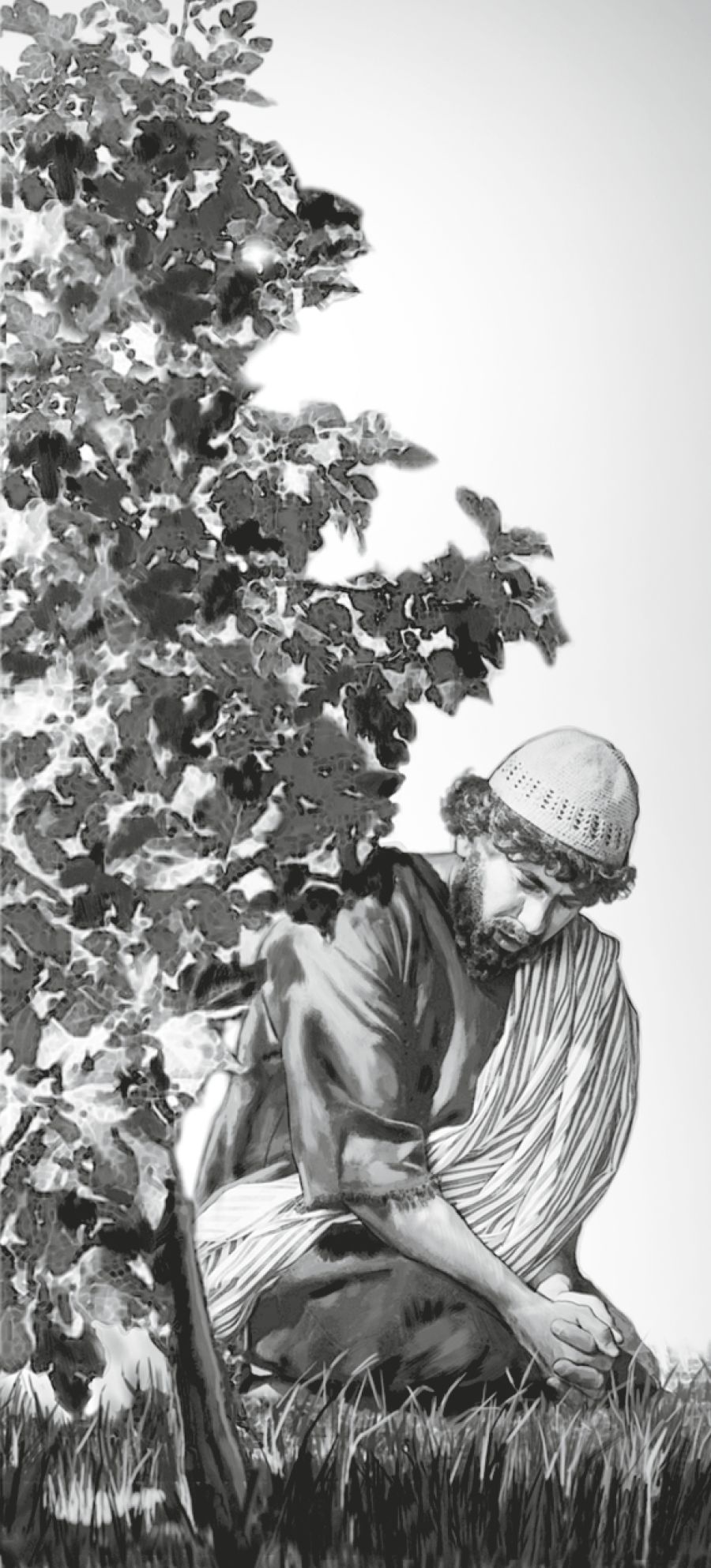 Nathanael (also called Bartholomew) sits under a tree