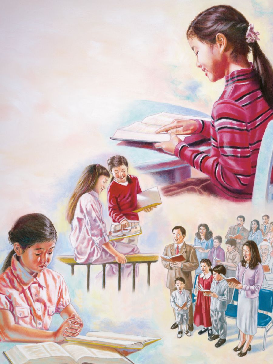 A girl reads the Bible, preaches to another girl, attends a meeting with her family, and prays