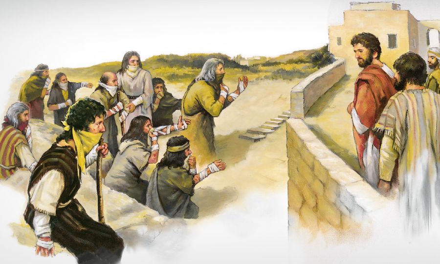 Ten lepers ask Jesus to help them