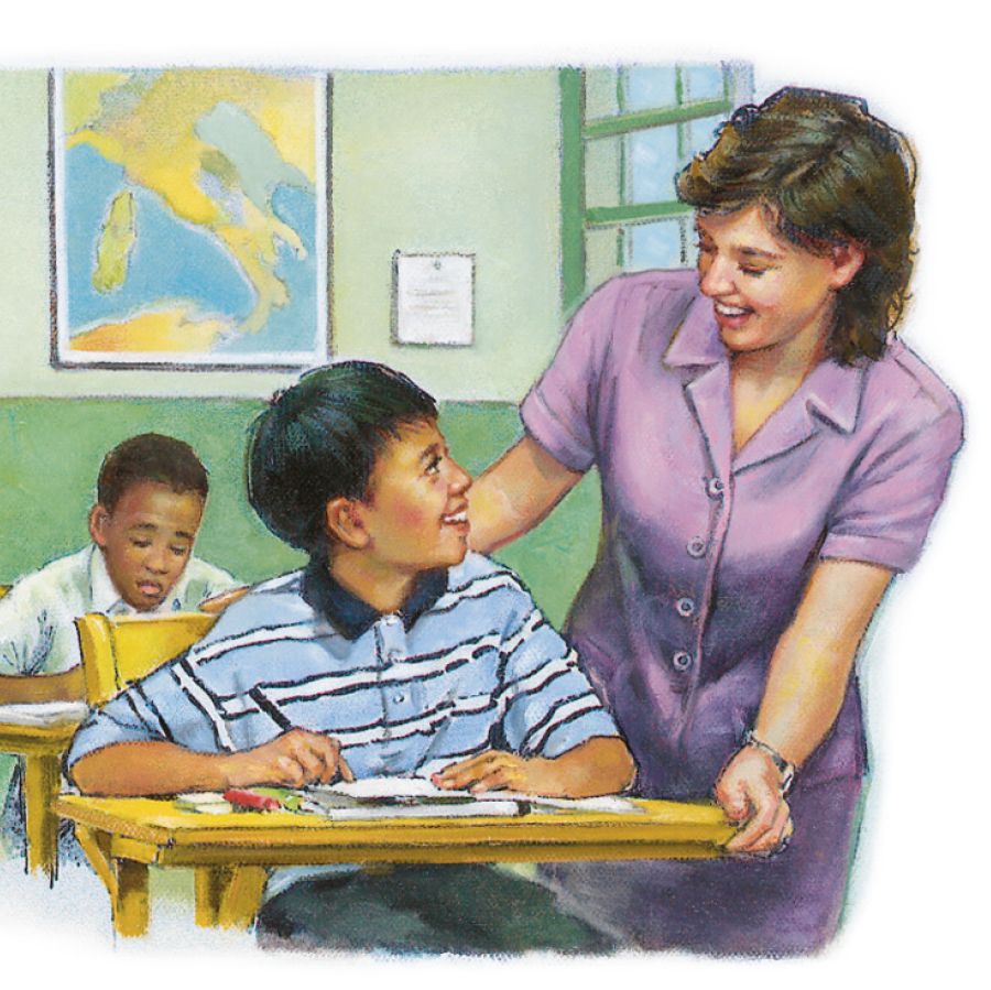 A teacher is happy when a boy thanks her