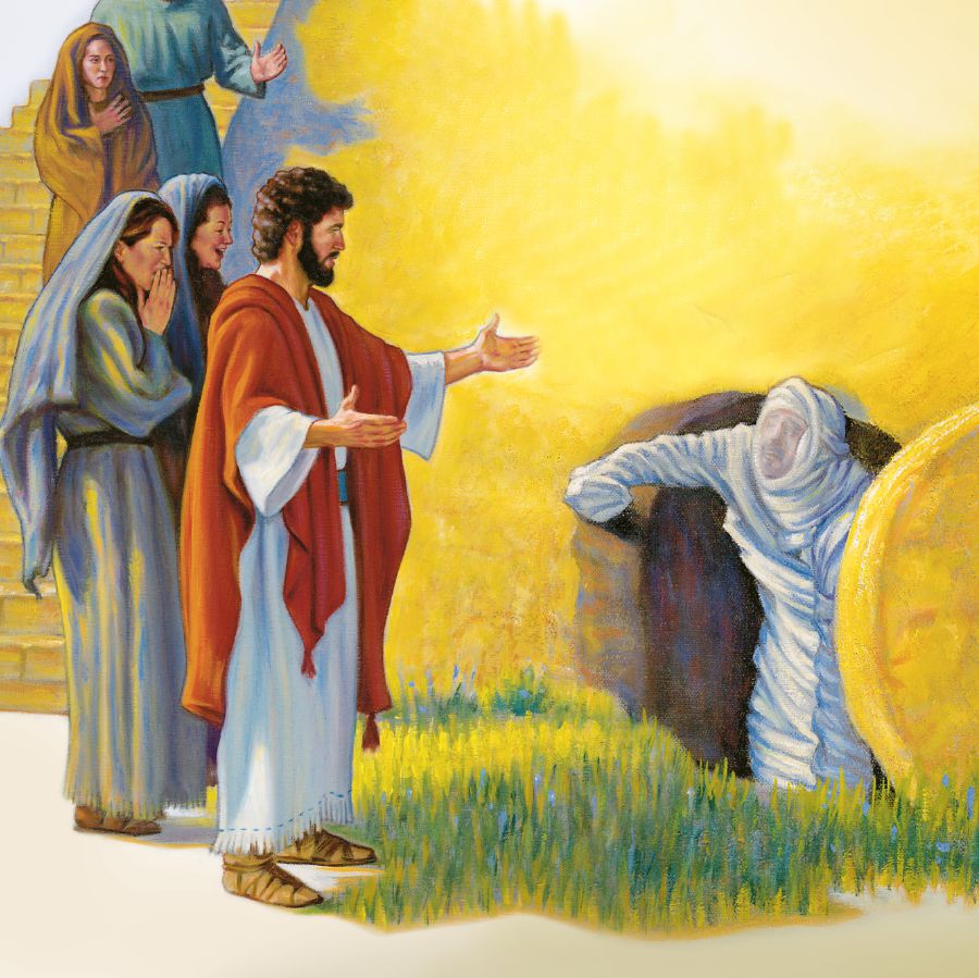 Jesus calls, and Lazarus comes to life and steps out of the cave