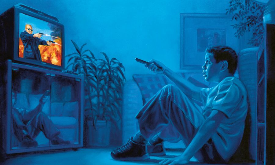 A boy secretly watches a violent program on TV