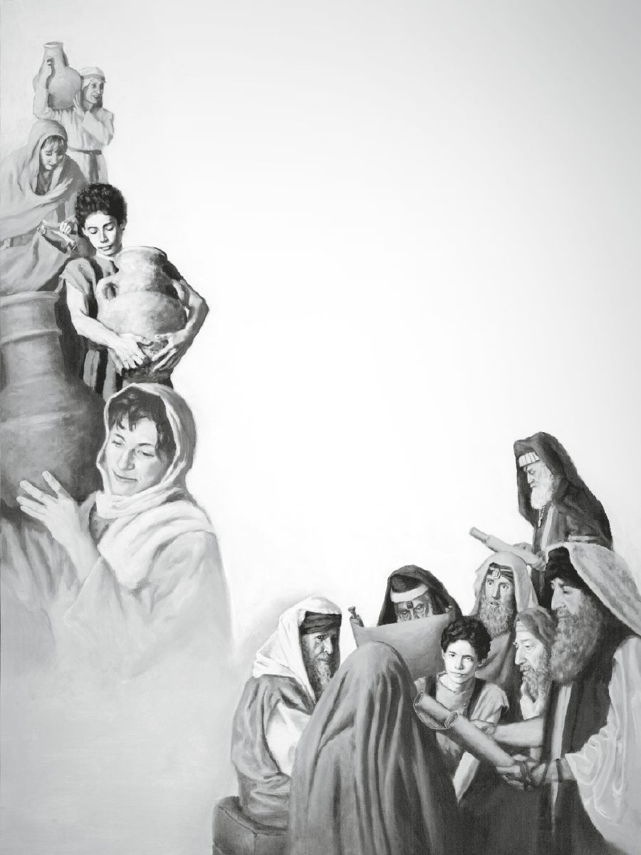 Young Jesus helps carry water from a well, and questions men at the temple