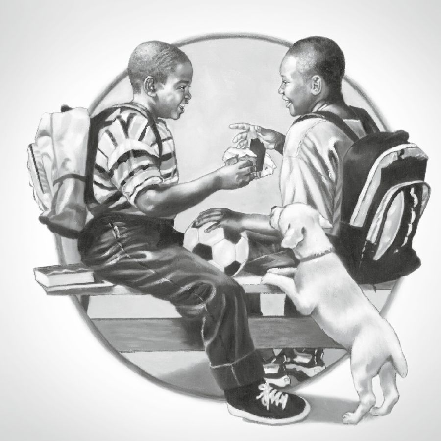 A boy shares a snack with his brother