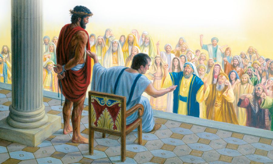 When Pilate brings Jesus outside, the people shout