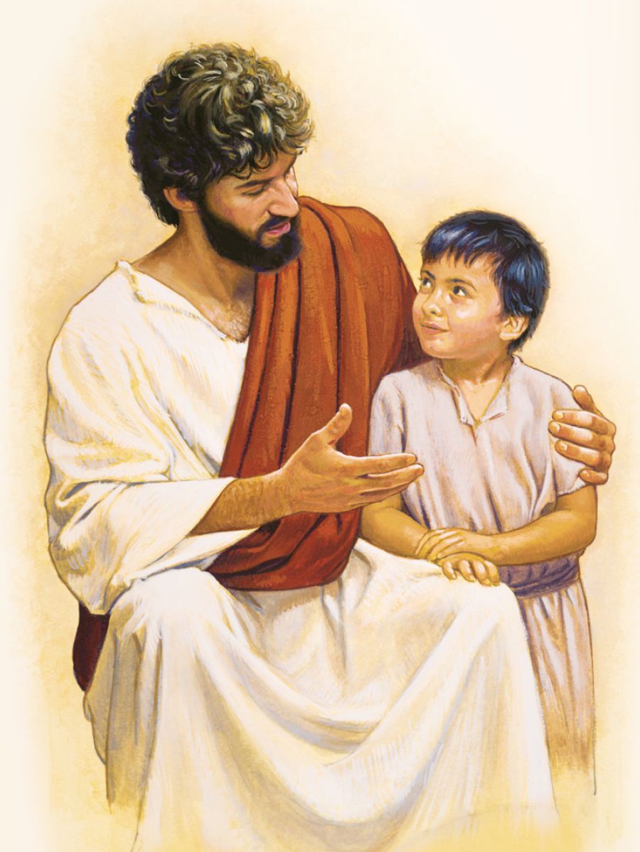 A young child stands beside Jesus