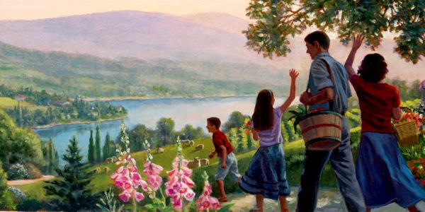 A happy family walking in peaceful and beautiful surroundings