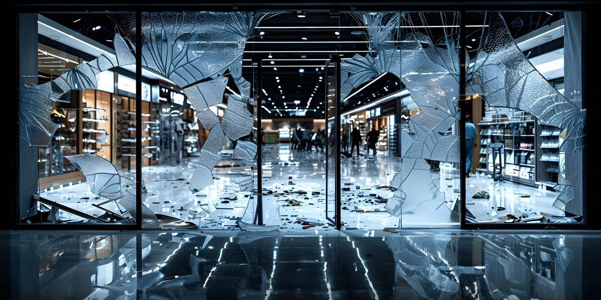 A storefront with broken windows. Looters are inside robbing the store.