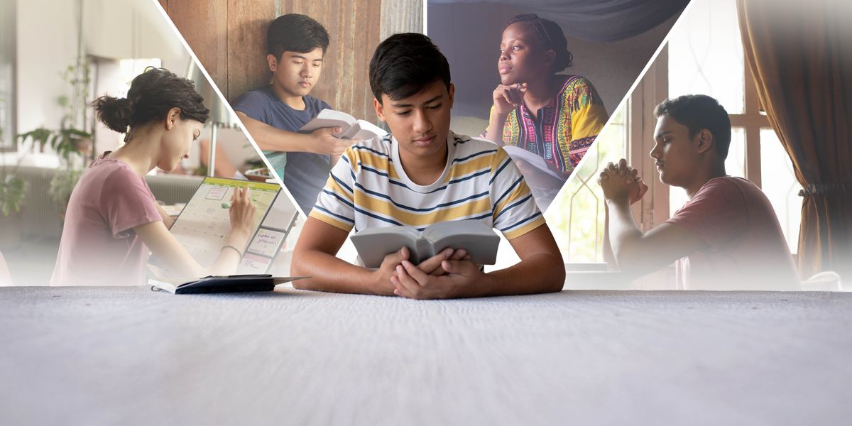 A collage of young people from different parts of the world reading the Bible, scheduling study time, and praying.