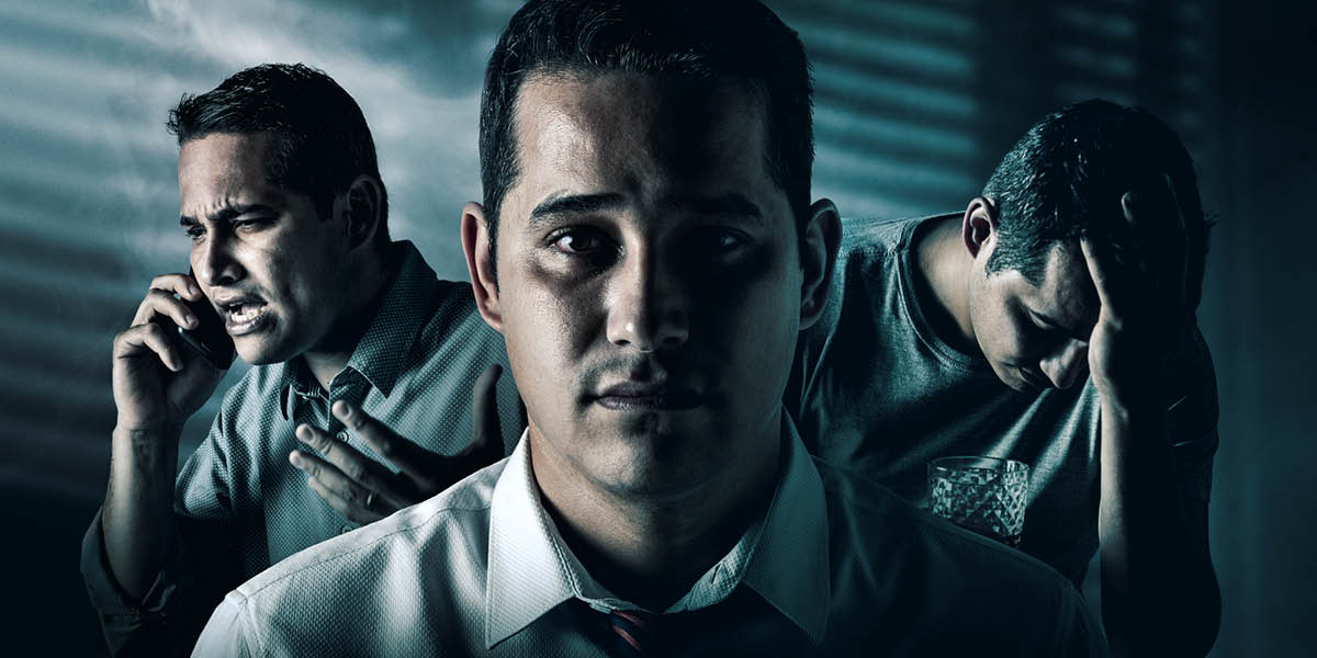 Collage: 1. A man with an anxious look on his face. 2. The same man loses his temper while talking on the phone. 3. He rests his head in one hand and holds an alcoholic drink in his other hand.