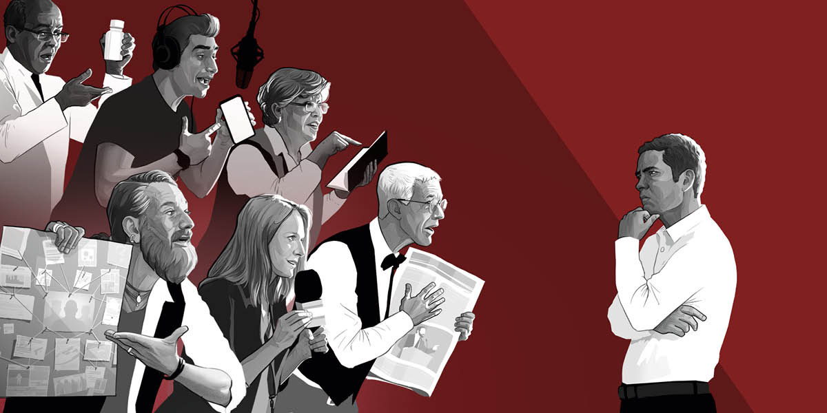 A man considering information from a wide variety of sources.