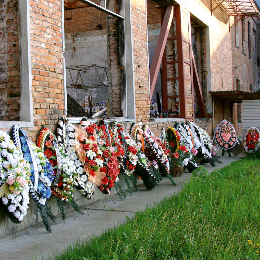Memorial wreaths placed outside of a school in Beslan, Russia.