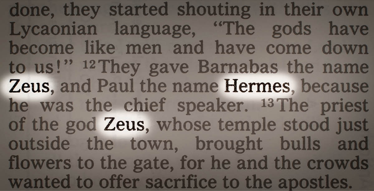 A page from the Bible. The names Zeus and Hermes are highlighted.