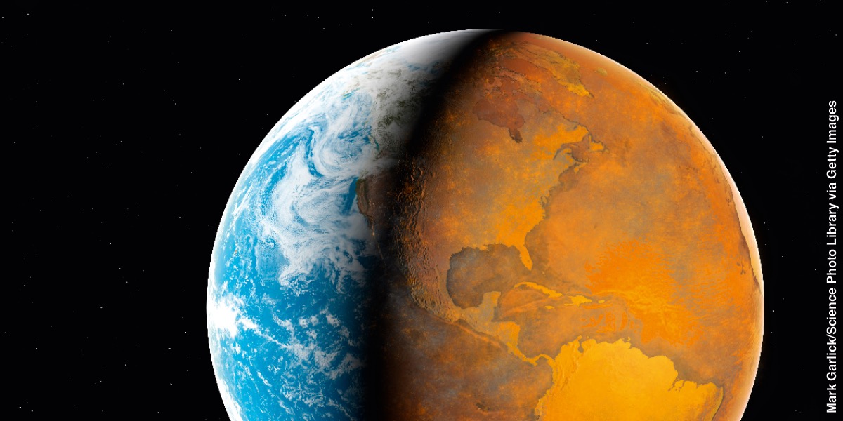 Planet Earth as seen from outer space. Half of the planet looks healthy while the other half looks scorched and destroyed.