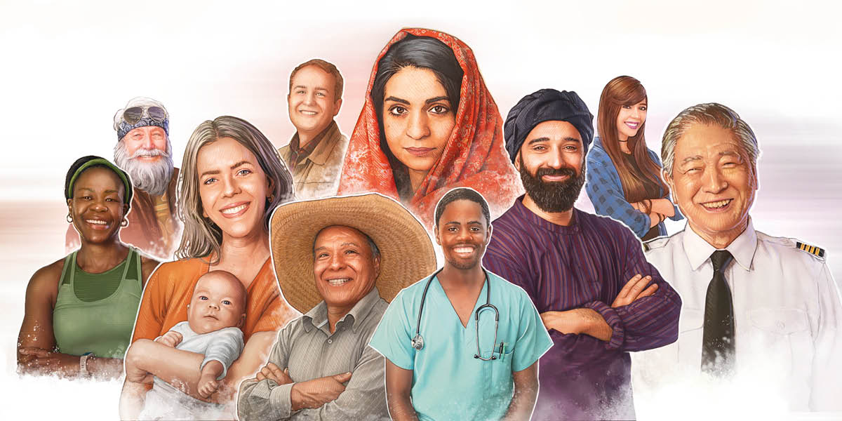 Happy people of different ages, races, occupations, and cultural backgrounds.