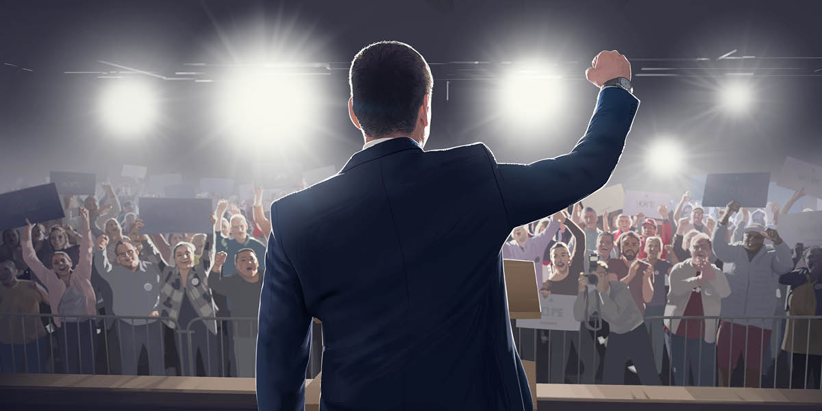 A politician stirring up a large crowd at a political rally.
