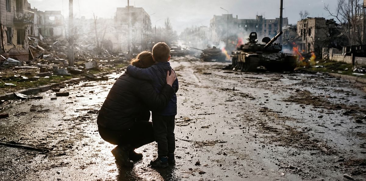 A mother and her young son look out over a war-torn town with crumbled homes, damaged buildings, and tanks scattered throughout the street.