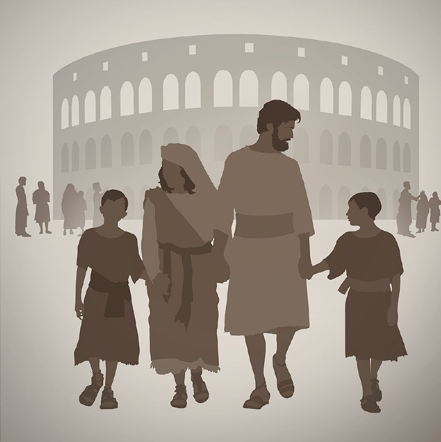 A first-century family leaves a Roman theater