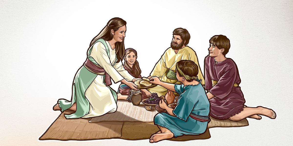 A woman in Bible times passes food to her family