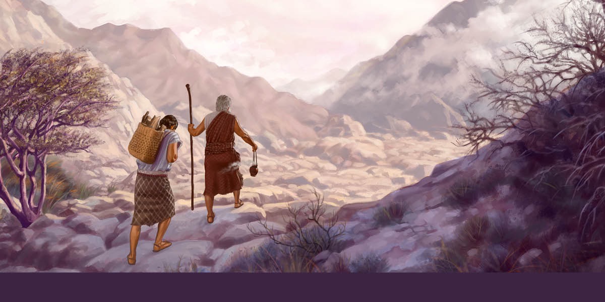 Abraham and Isaac walking to the land of Moriah.