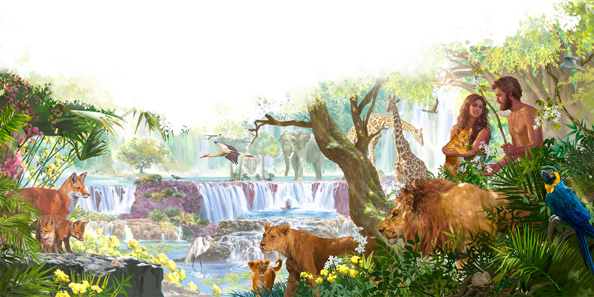 Adam and Eve in Paradise, surrounded by a variety of animals, trees, and waterfalls.