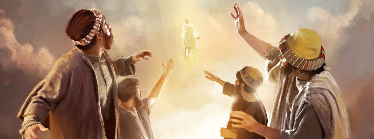 Jesus ascending to heaven as his disciples look on in amazement.